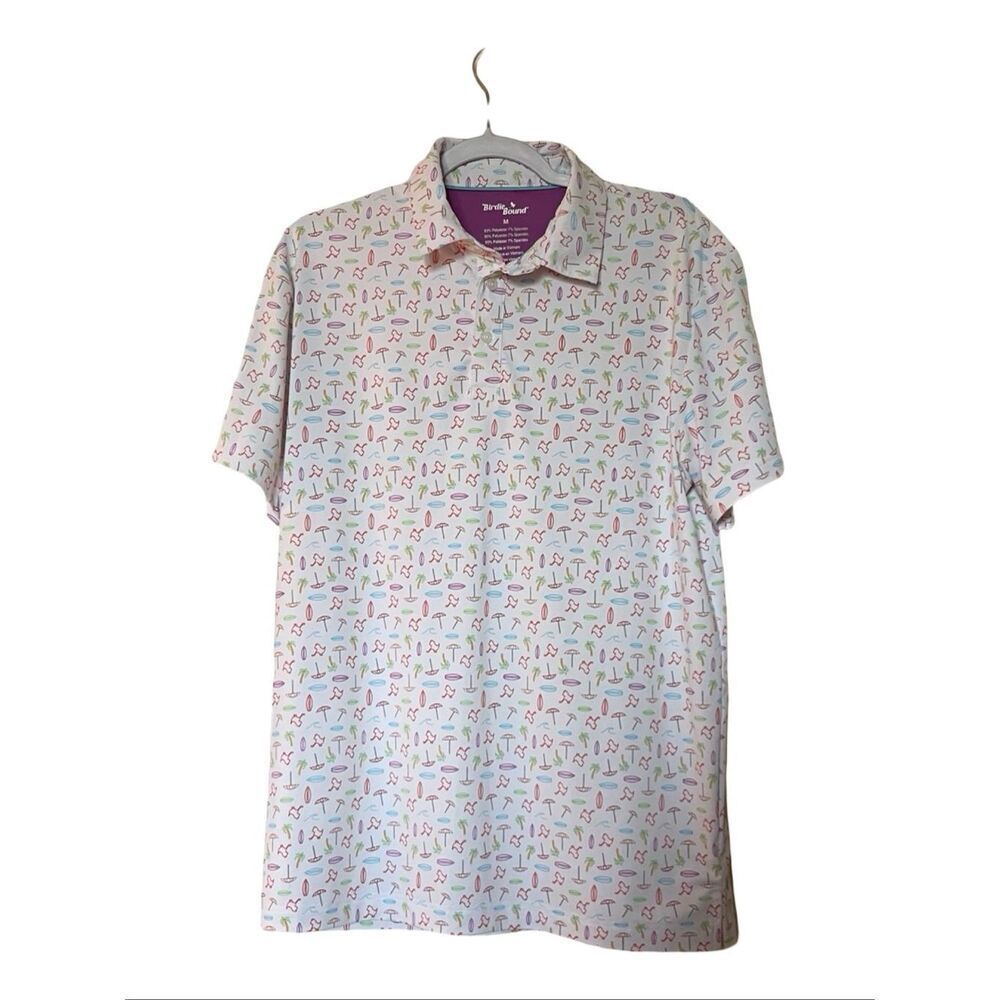 Birdie Bound Mens White Purple Tropical Surfboard Print Golf Polo Shirt Medium